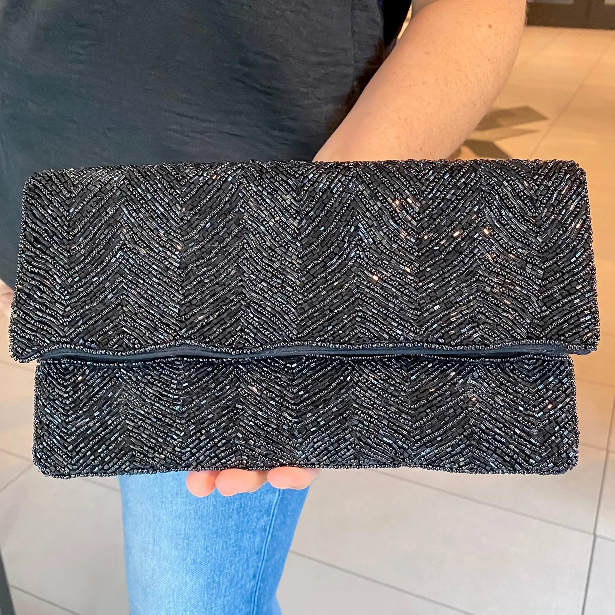 Black Striped Beaded Crossbody