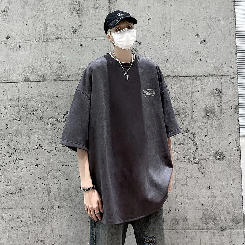Drop Shoulder Loose Fit Suede Elasticity Print Round Neck Short Sleeve Tee