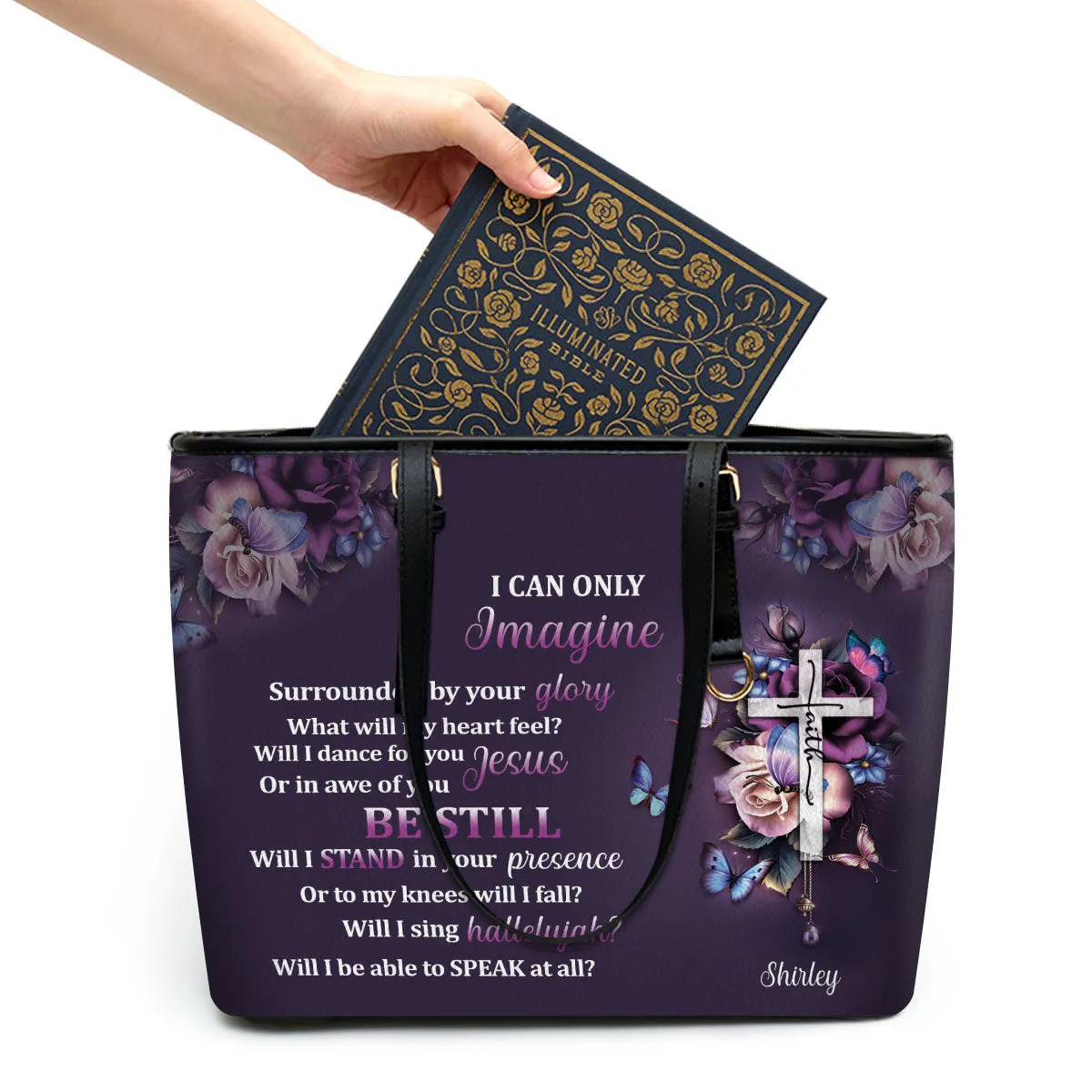 I Can Only Imagine Personalized Cross Large Leather Tote Bag - Christian Inspirational Gifts For Women