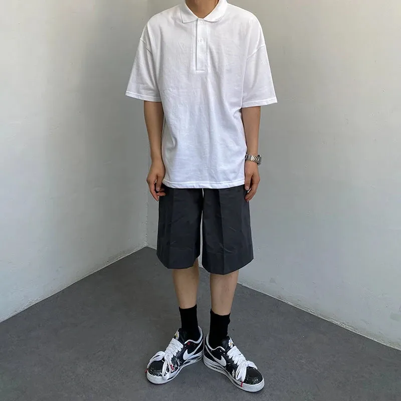 WIAOFELLAS Summer Men's Fashion Korean Short-sleeved Buttons Polo Shirt Male Loose Lapel Tops Men Solid Color Casual Tee Shirts V31